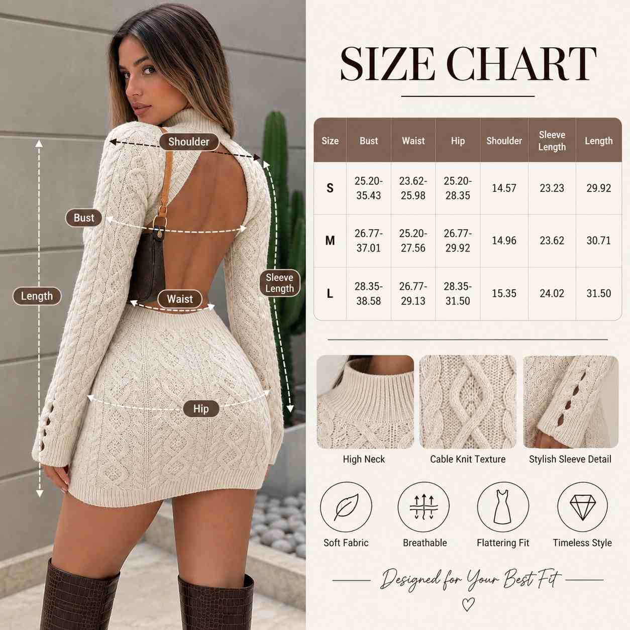 Women’s Twist Knit Backless Mini Dress – Long Sleeve Fall & Winter Elegant Sweater Dress